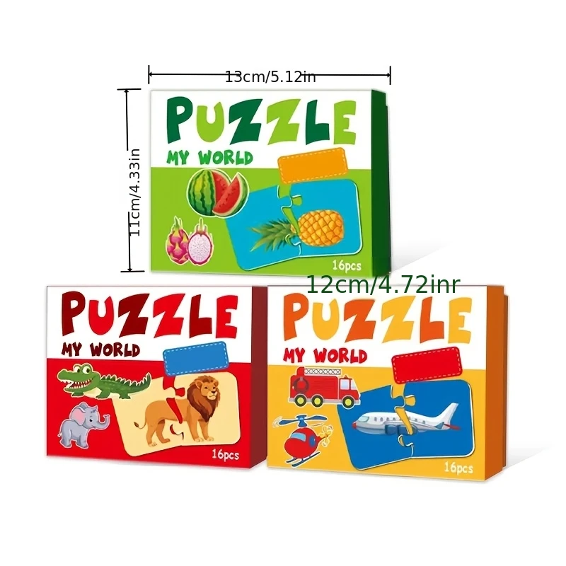 

Двусторонний набор пазлов с изображением животных, транспортных средств, фруктов и овощей, изготовленный из экологически чистых и гигиеничных материалов.