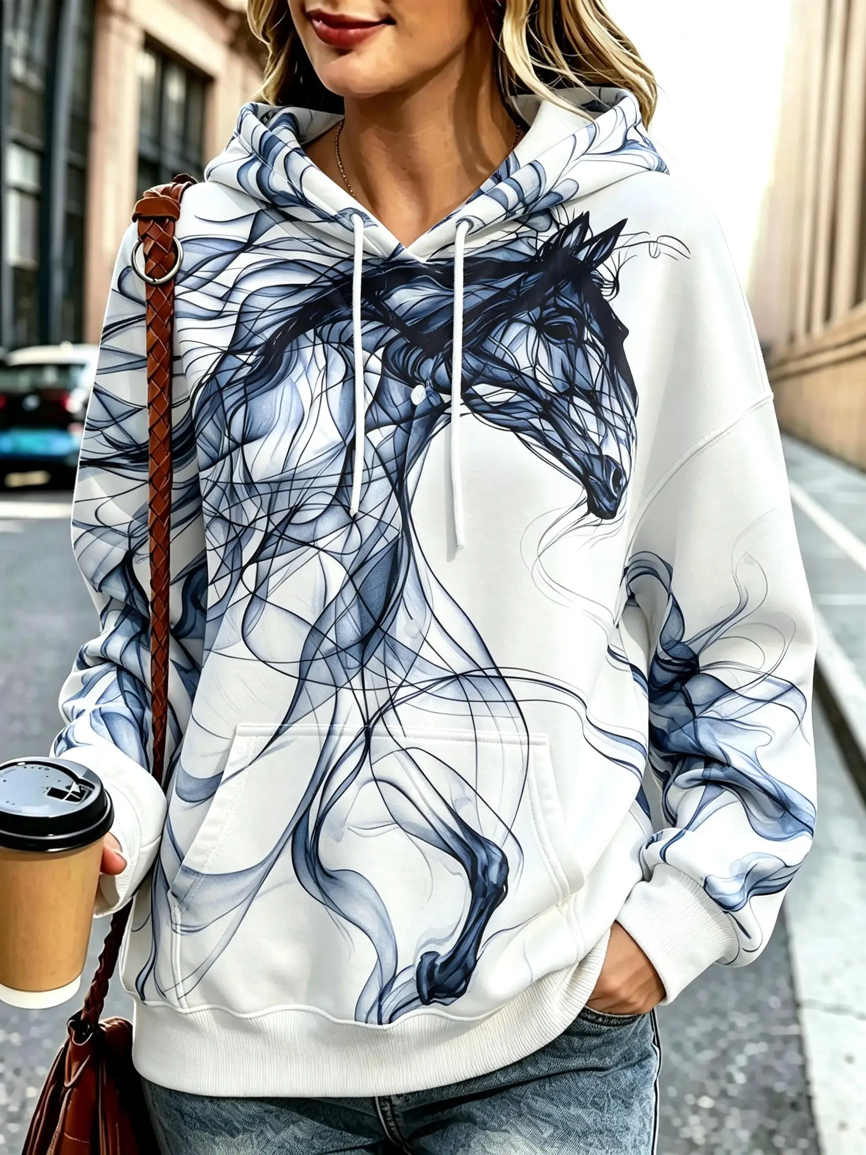 Women Fleece Hoodie Abstract Fluid Art All Over Print Hooded Sweatshirt, Stylish Artistic Graphic Casual for