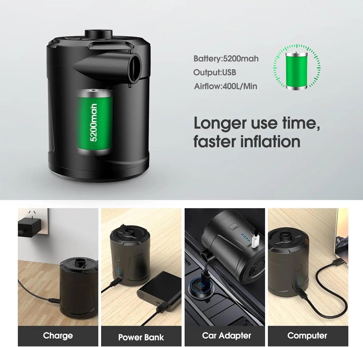 Rechargeable Portable Air Pump 5200mAh Battery 400L/min Fast Inflate Deflate Electric Air Compressor with 4 Nozzles Air Pumping