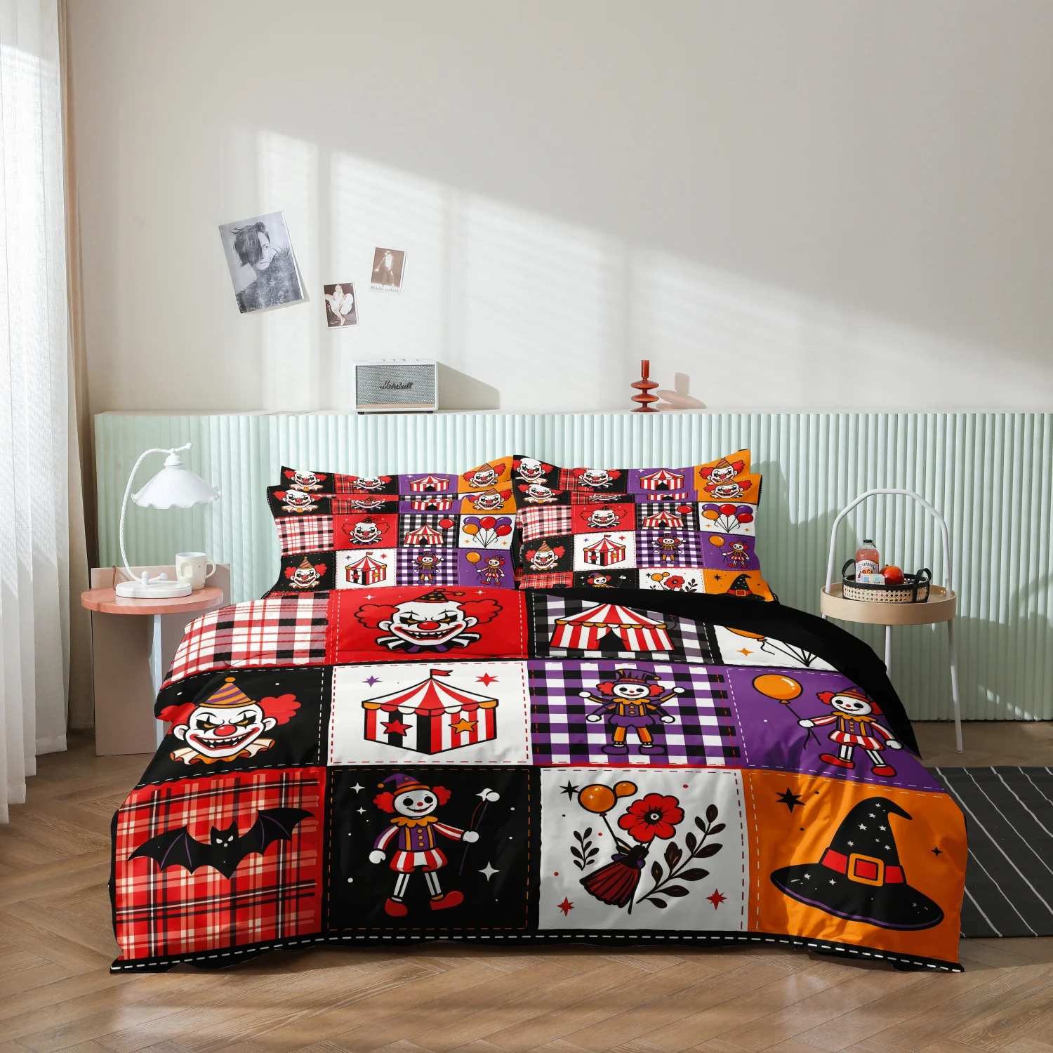  3Pcs Spooky Carnival Halloween Print Duvet Cover Set, Patchwork Grid Creepy Clown Circus Tent Balloon Bat Print Bedding,