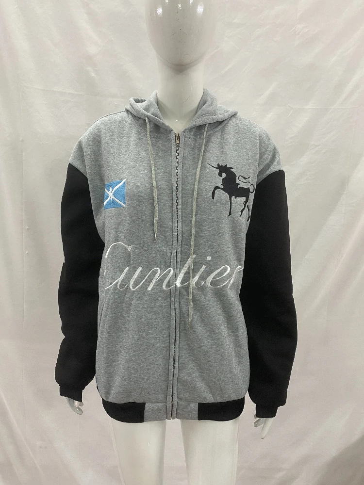 

Grailz LEARL Men's Hooded Hoodie Embroidered War Horse Zipper Splicing Washing Making Old Grinding Style Casual Streetwear