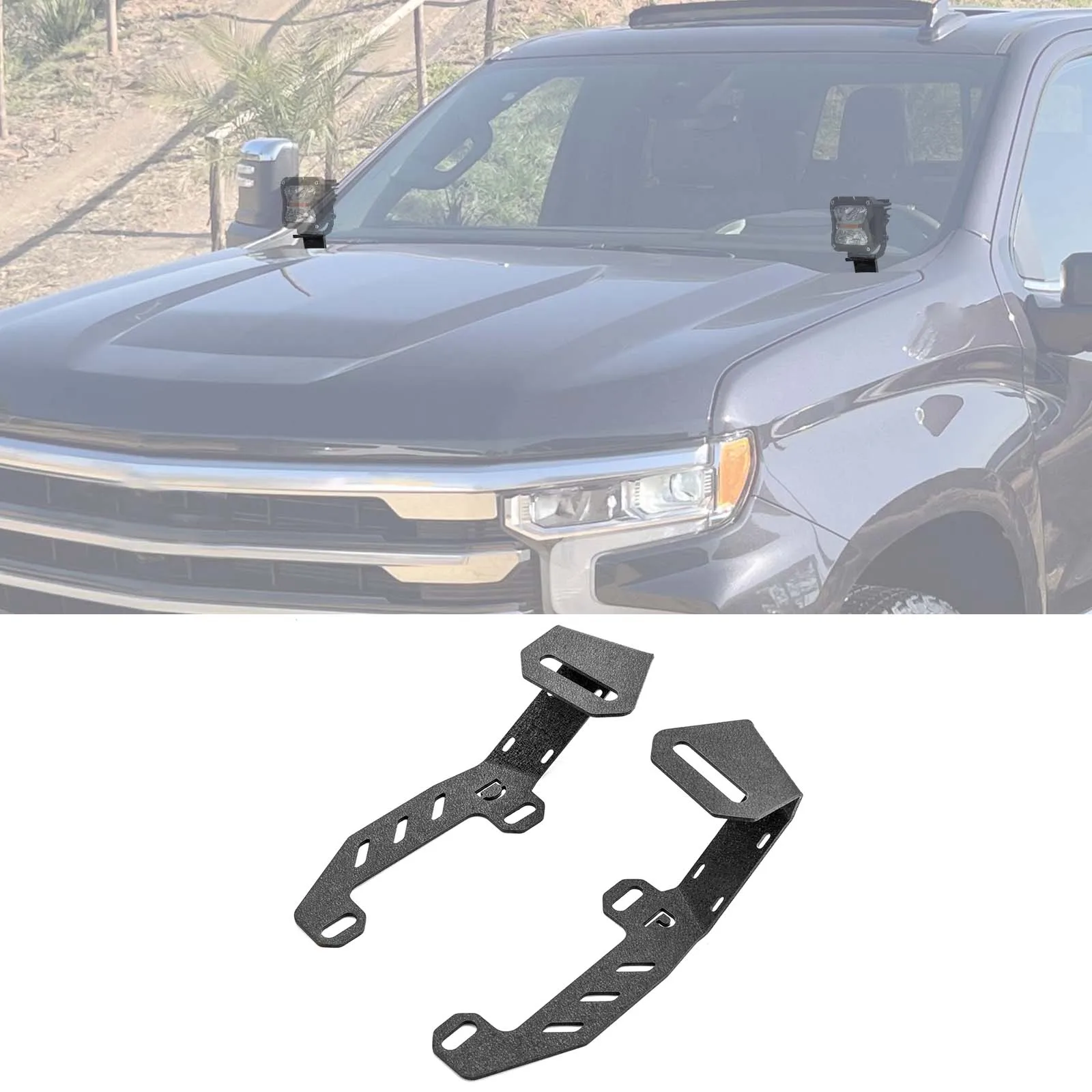 

For Chevy Silverado GMC Sierra 1500 2022-2024 Driver & Passenger Side Bolt-on Hood Hinge LED Bracket / Ditch Light Bracket
