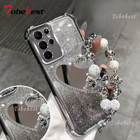 Love Mirror Bracelet Glitter Plating Case for Samsung Galaxy S25 S24 S23 S22 S21 S20 Plus FE Note 20 10 Ultra Shockproof Cover