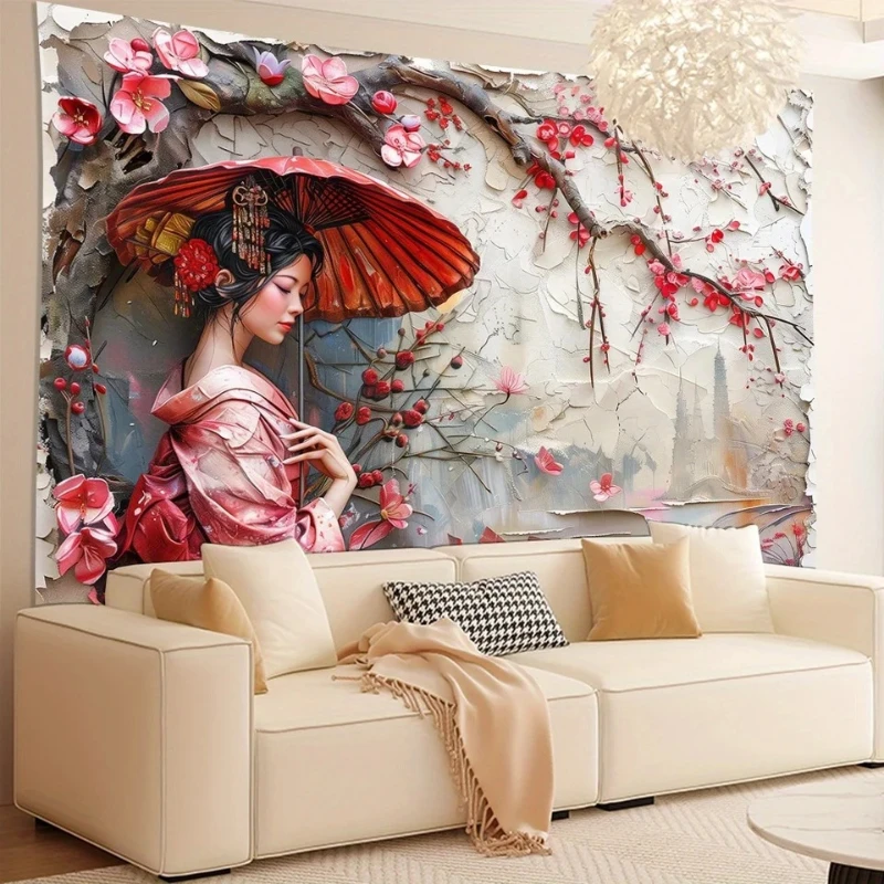 VIKAMA Japanese Geisha Red Plum 3D Texture Tapestry Oriental Kimono Beauty Print Wall Hanging Bedroom Decor