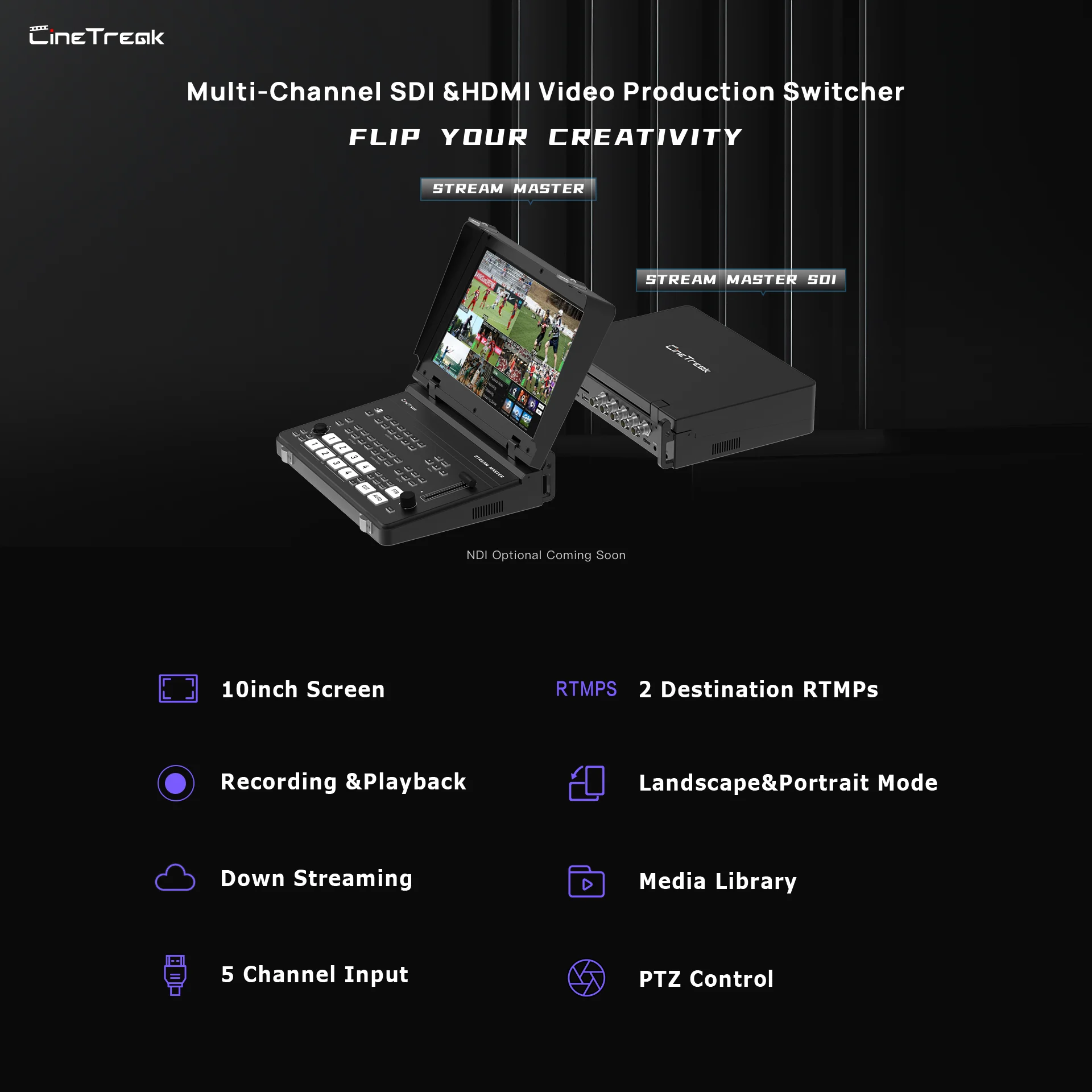 Cinetreak Stream Master 4-Channel Video Switcher with 2 RTMP Live Streaming Wireless IP Control SDI & HDMI Inputs for Production