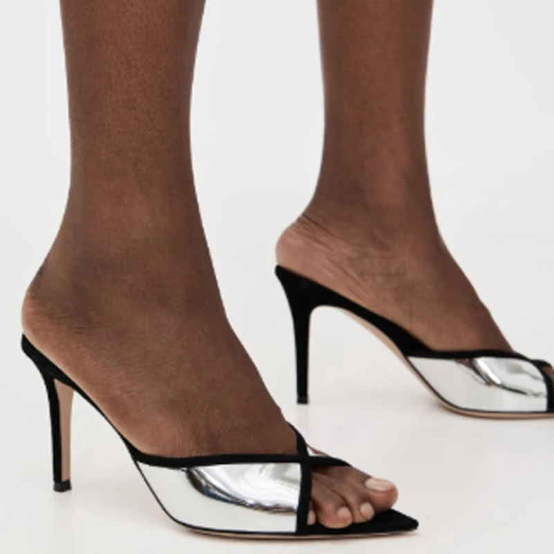 

Metallic Silver Patchwork Open Toe Stiletto Mules Slippers Woman Summer 2026 Pointed Toe High Heels Slide Sandals Party Dress