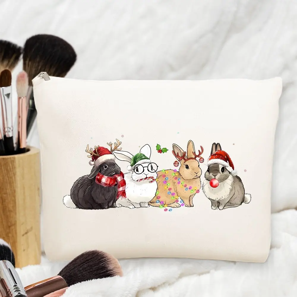 Un sac de maquillage rétro lapin de Noël – Jolie pochette multifonctionnelle à fermeture éclair pour femmes, sac de rangement de bijoux