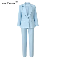 Luxury Design Fine Details Texture Twill Fabric 3 Colors White/Yellow/Light Blue Formal Workwear 2Pcs Blazer Pants Suit