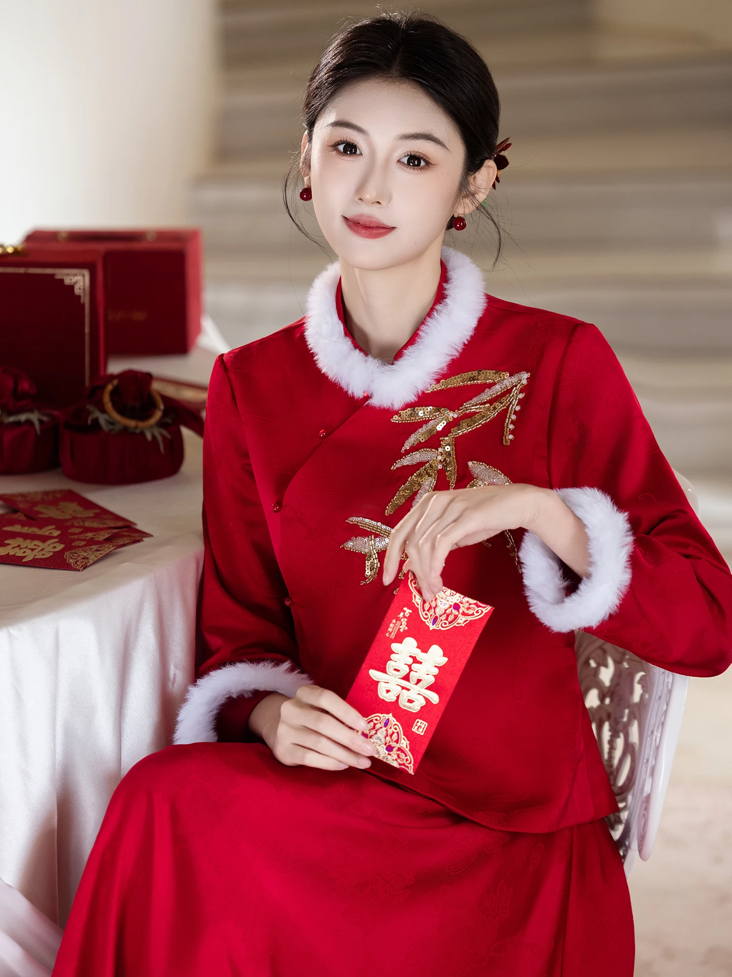 

Materni Qipao Wedding Dr plus Size Cusizable Engagement Ceremony Long Sve Vintage Sle Fro for Pregnant Women