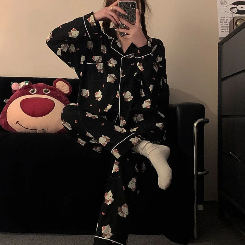 Sanrio Hello Kitty autumn new black pajamas female cartoon cute long-sleeved trousers simple suit loungewear