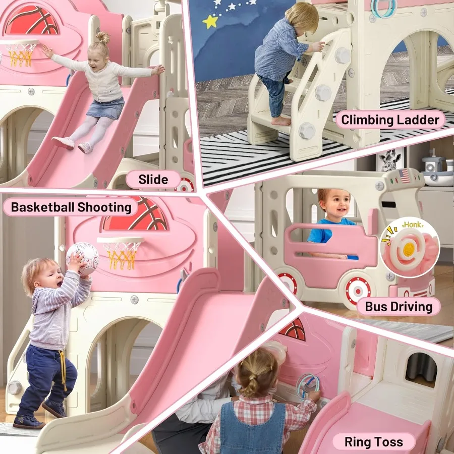 9 in 1 Toddler Slide BusThemed Slide and Climber Playset with Basketball Hoop RingToss Car Playhouse Telescope Freestanding Ind