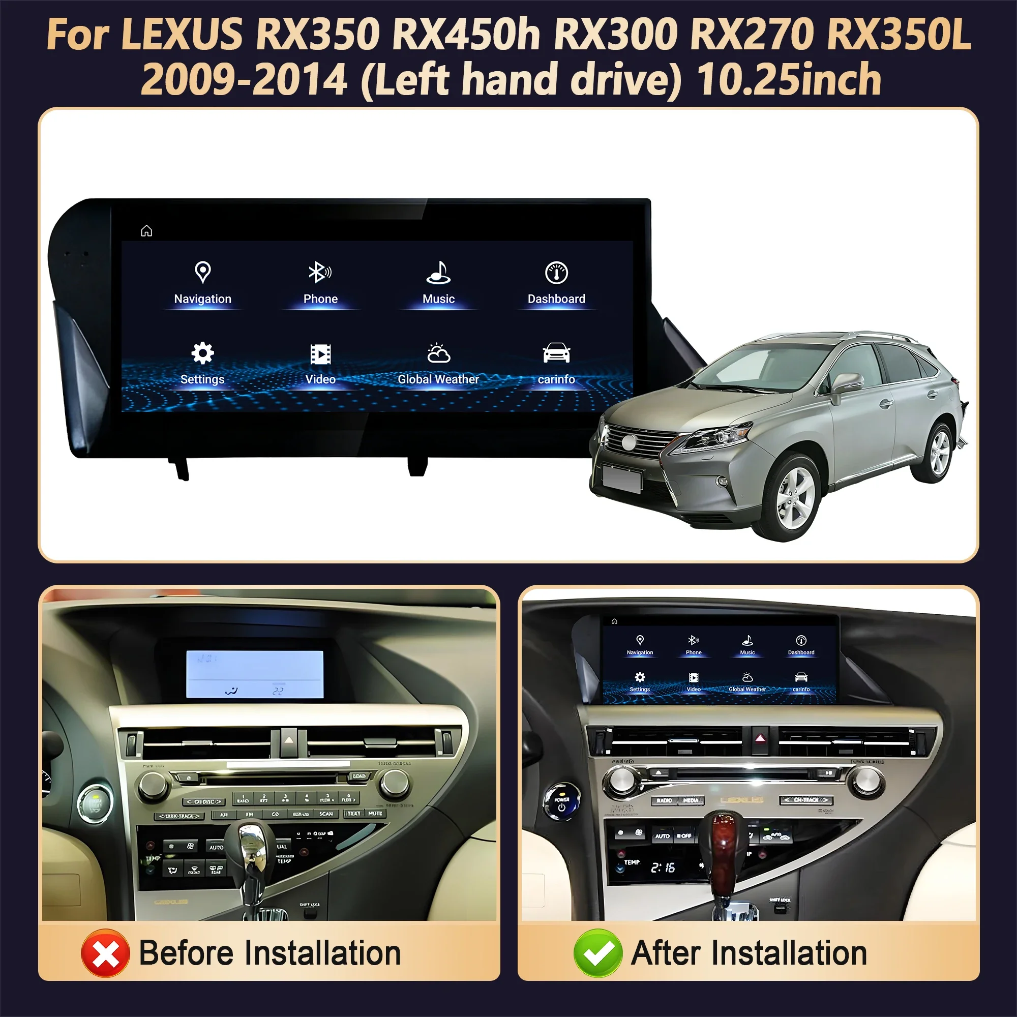 10.25'' Android 14 For LEXUS RX350 RX450h RX300 RX270 RX350L 2009-2014 Snapdragon 680 Car Radio Multimedia Carplay Touch Screen