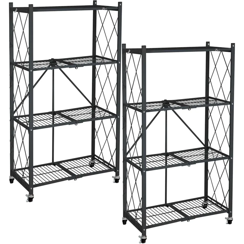 

2-Pack 4-Tier Foldable Storage Shelves, Heavy Duty Shelf Rack with Wheels, Black