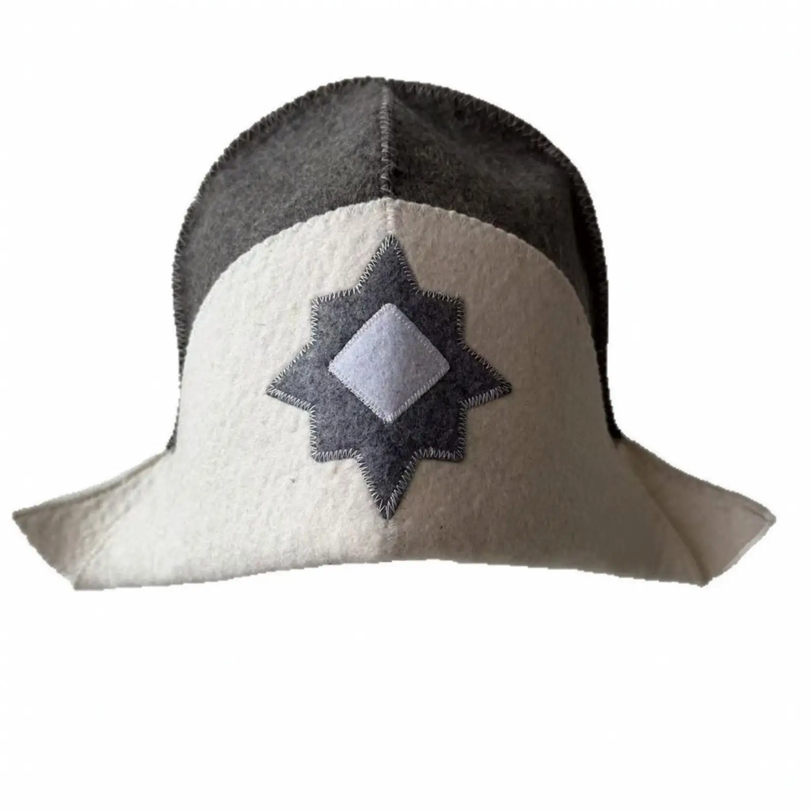Wool Felt Ethnic Bath Hat with Wide Brim for Sauna Steam Room Spa Accessories Gray White Geometric Applique