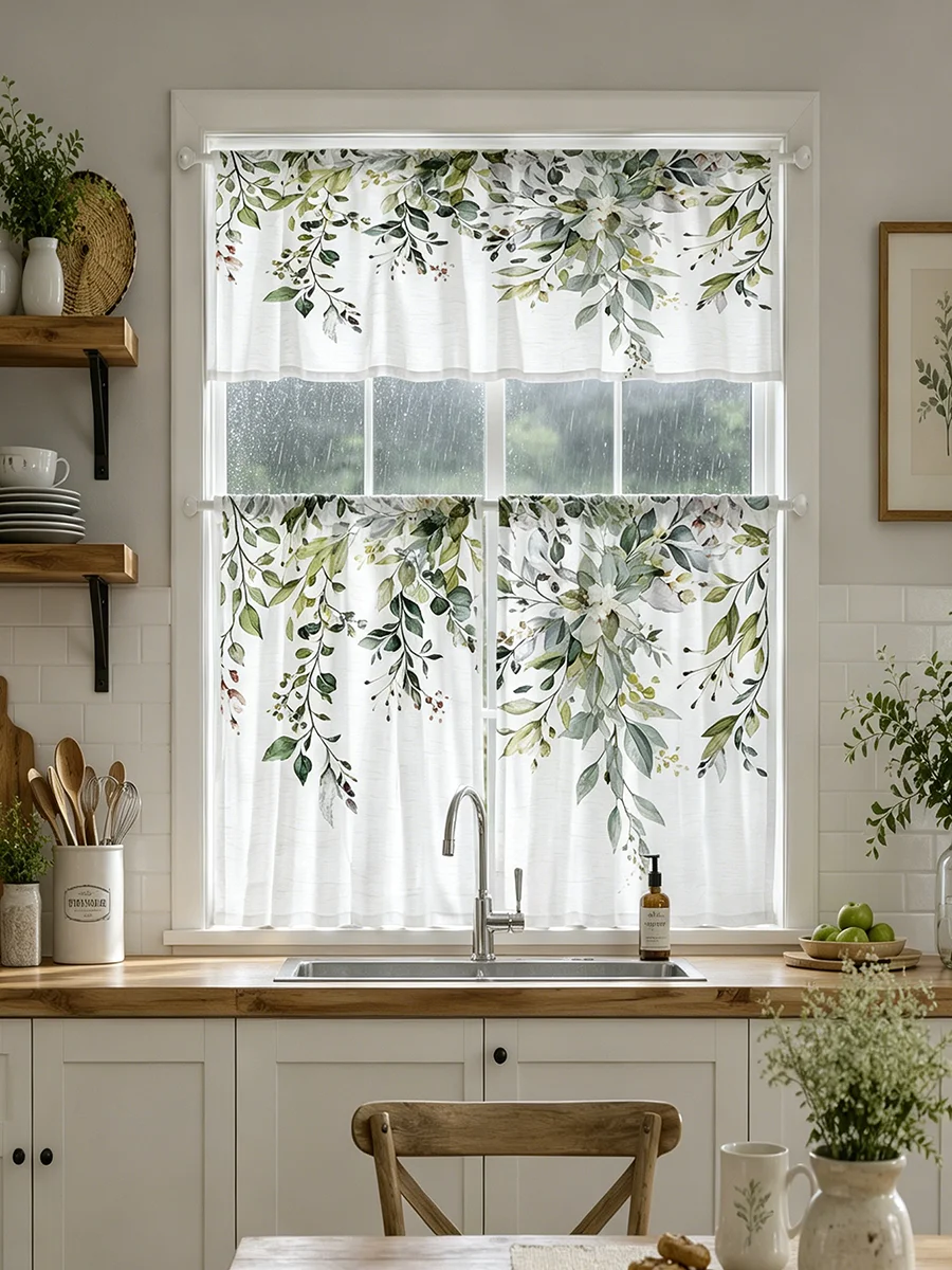  Digital Print Curtains Watercolor Eucalyptus Leaf Fresh Farmhouse Kitchen Cafe Home Decor Drapes