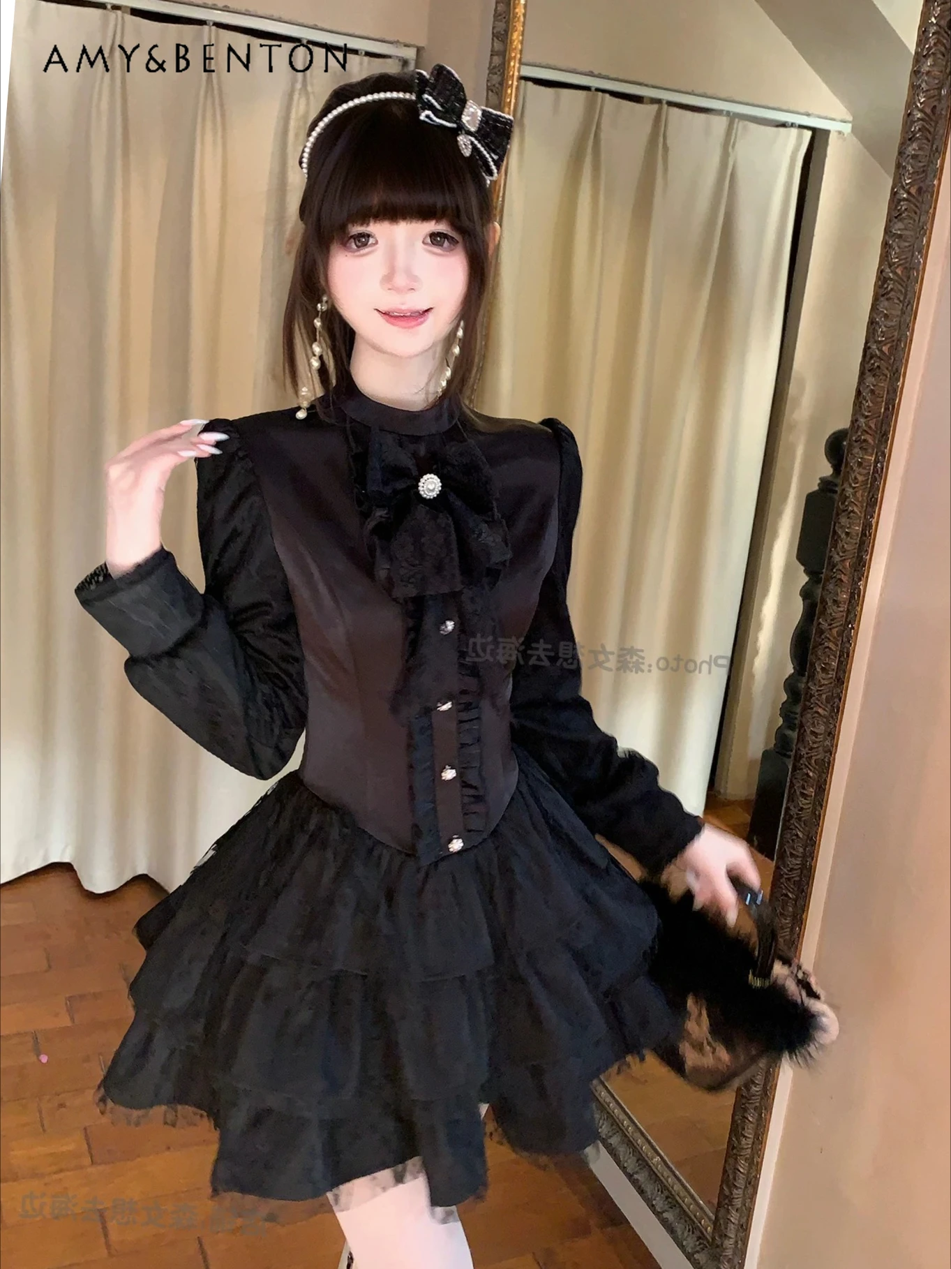 

Sweet Long-sleeved Cake Dress Japanese Girl Cute Bow Round Neck Slim-fitting Multi-layer Tutu Dresses Birthday Dress for Women