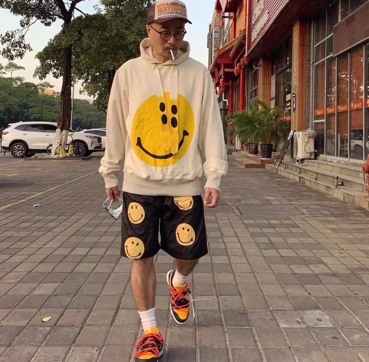 Kapital Vintage Hida Hehong Hoodie Pullover Drawstring Loose Print Long Sleeves Smiley Face Sweatshirt Tide