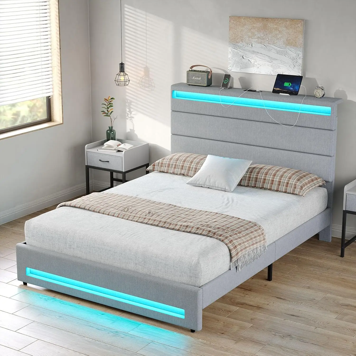 Full Bed Frame w/Charging Station,Upholstered Platform Bed w/ Headboard and LED Light, No Box Spring Needed, Easy Assembly, Grey