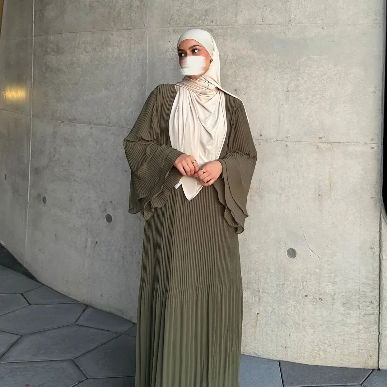 

Fashion Women Pleated Muslim Dresses 2025 Spring Autumn Kaftan Long Sleeve Maxi Vestidos Casual Solid Loose Party Robe Vestidos