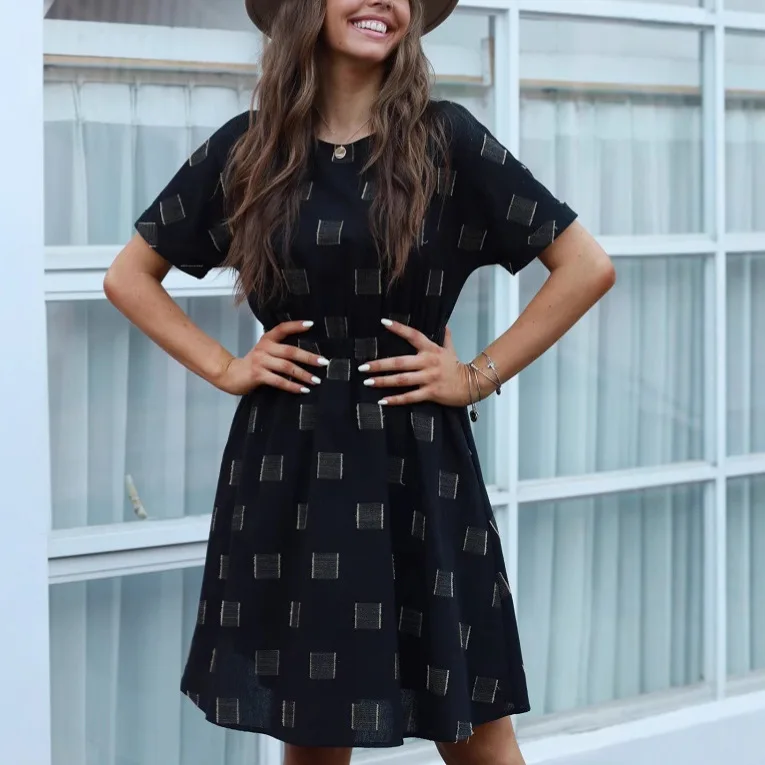 

Women's new skirt printing fashion pleated sleeves slim dress simple temperament elegant versatile high-end vacation style party