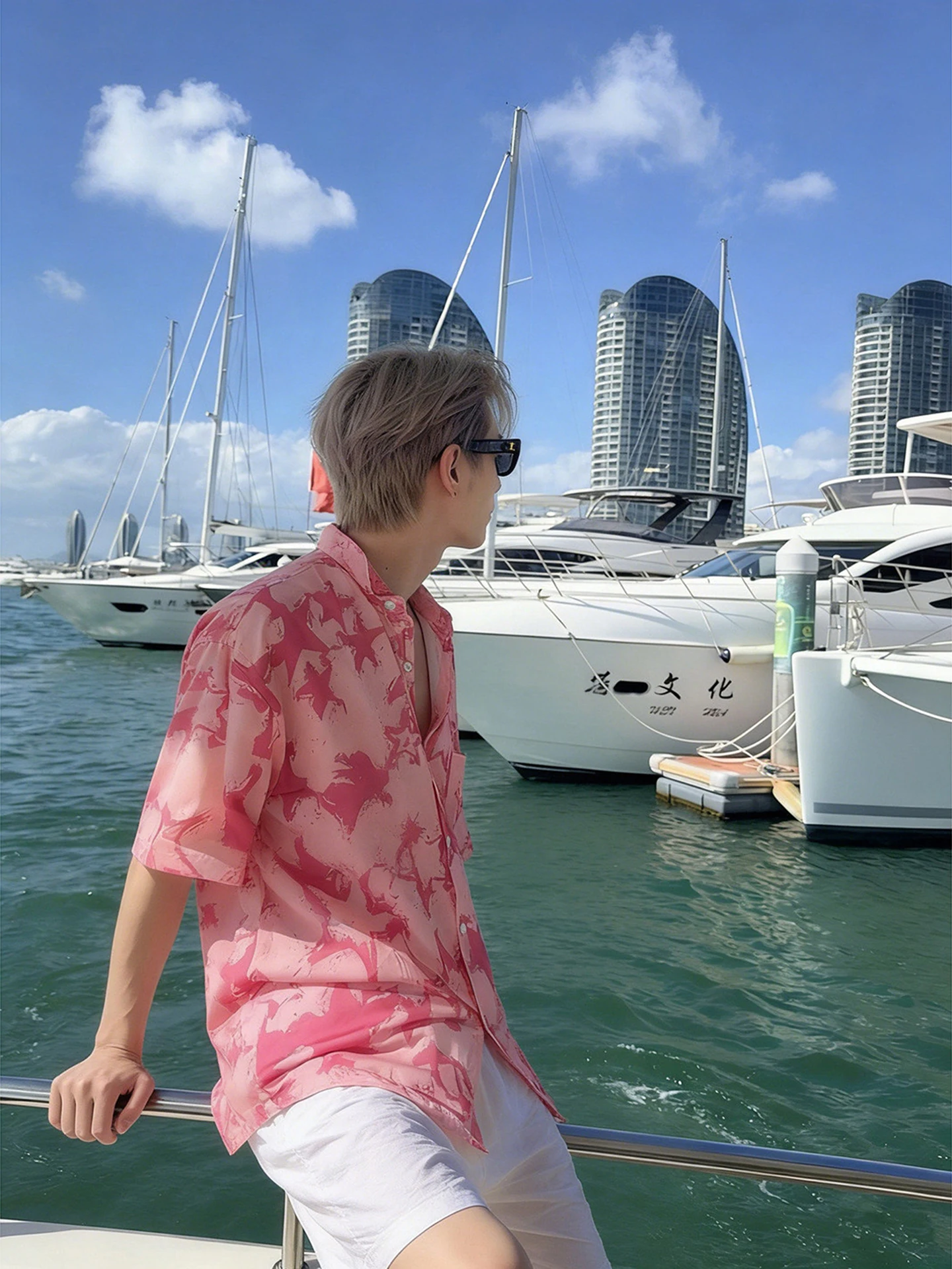 Hawaii Pink Star Dyed Beach Short Sleeve Shirt Men Summer Beach Vacation Sun Protection Half Sleeve Shirt Jacket Loose Fit Pr...
