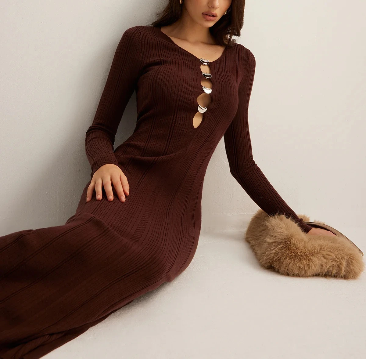 المرأة انقطاع سليم محبوك سترة فستان طويل الشتاء الخريف Bodycon أنيقة عادية الياقة المدورة الزي موضة فساتين بلون