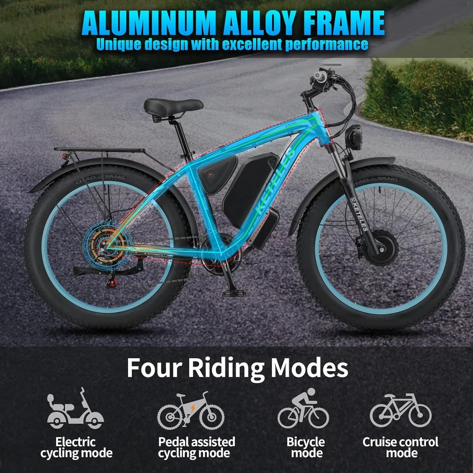 KETELES 26'' Adult Electric Bicycle 4000W Dual Motor 21-Speed E-Scooter 48V 23AH Removable Lithium Battery Brushless Motor 32mph up to 70 Miles Full Aluminum Frame Ebike image 9