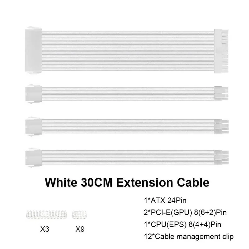 4 Piece Kit 300mm ATX 24Pin PCI-E 6+2Pin CPU 4+4Pin PC Case DIY Various Colors Available PSU Extension Cable