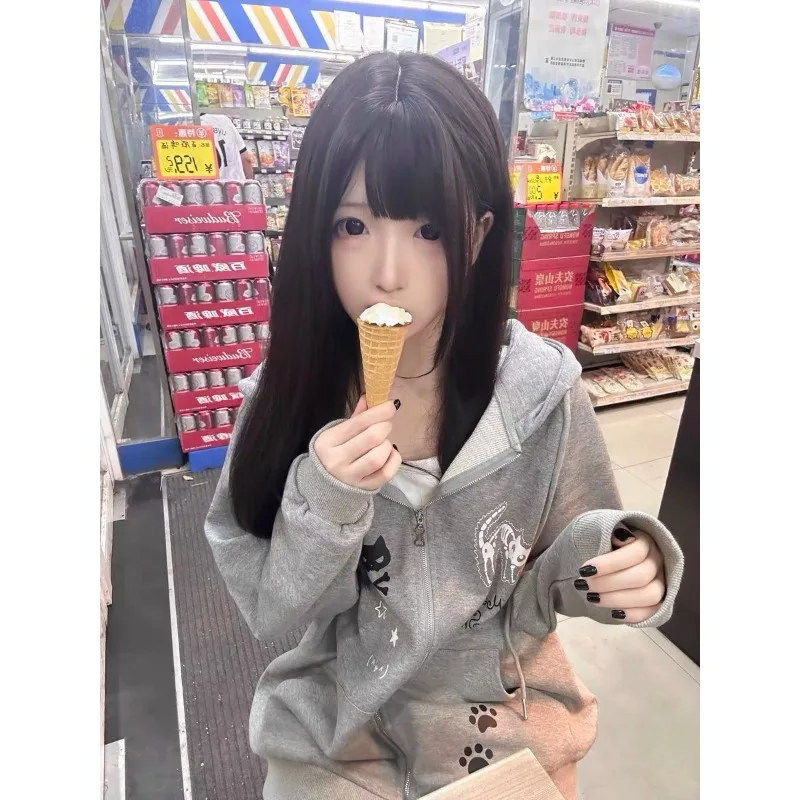 Y2k سويت شيرت بقلنسوة على شكل آذان قطة ثنائي الأبعاد بأكمام طويلة للنساء سترة بسحاب للخريف والشتاء