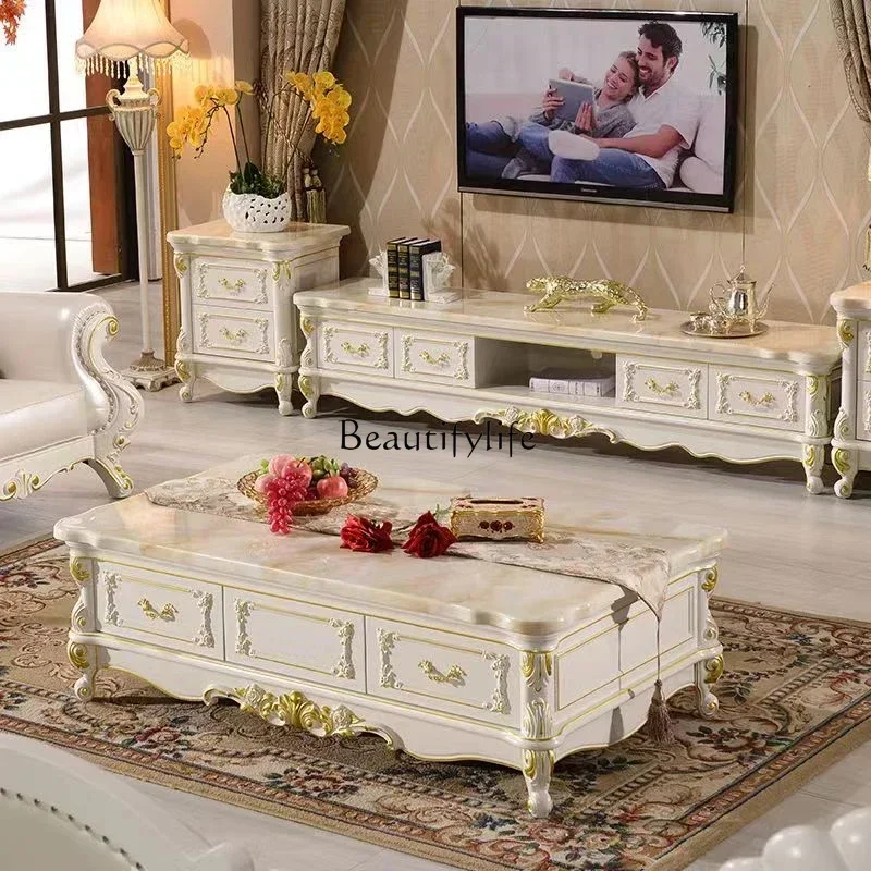 

yj9European marble coffee table living room full solid wood rectangular American carved French furniture