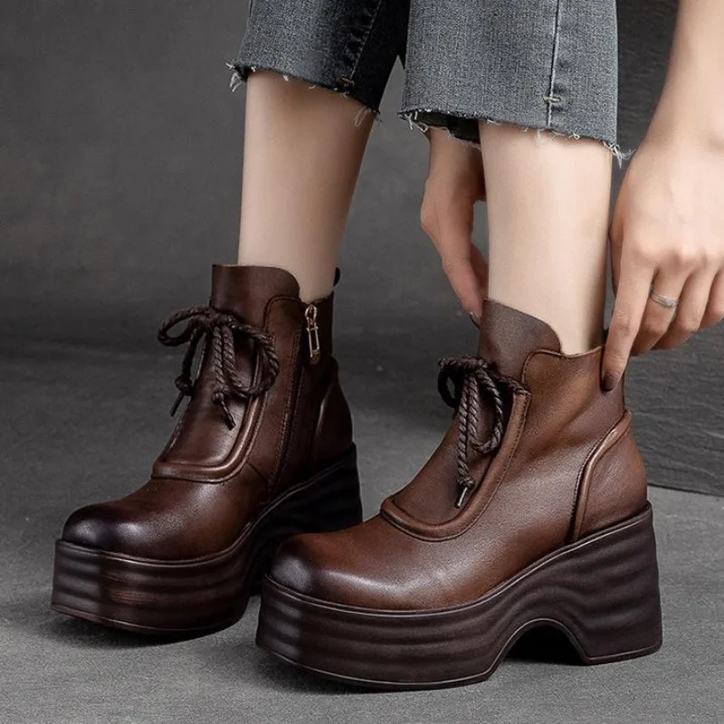

7cm Handmade Women Boots Vintage Genuine Leather Flat Ankle Boots LadiesCasual Platform Boots Black Autumn Winter
