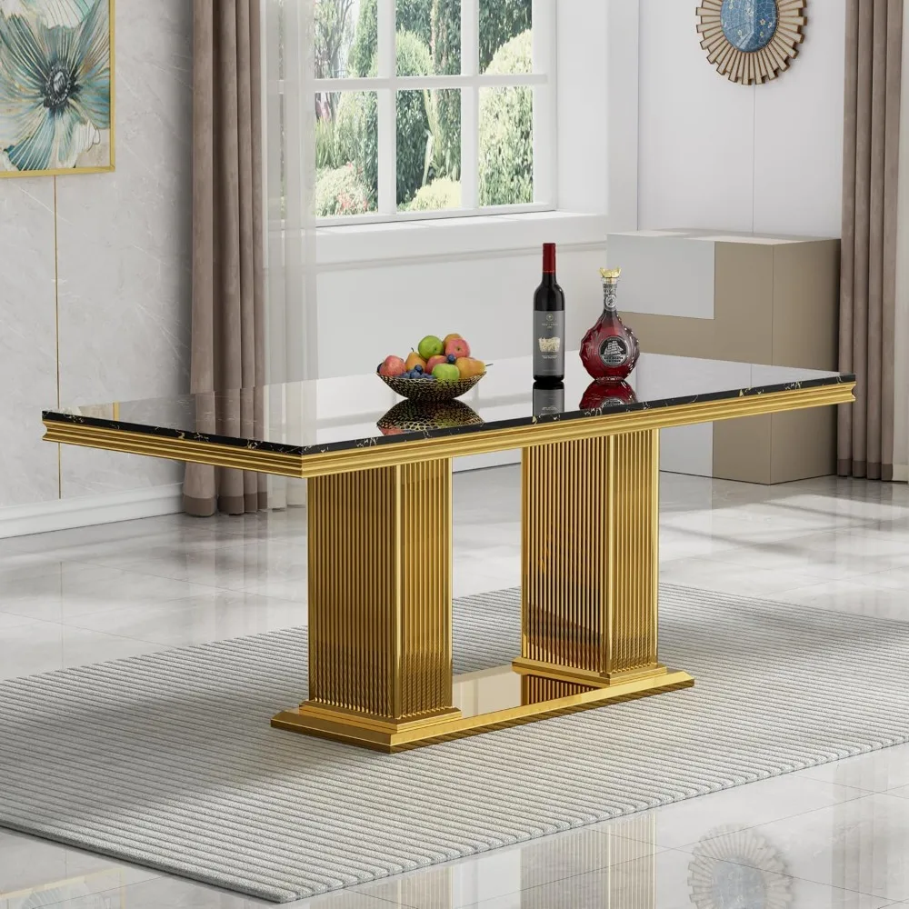 70 Inch Black Marble Kitchen Table with Gold Mirrored Stainless Steel Double Pillar Base, Luxurious Rectangular Faux Marble