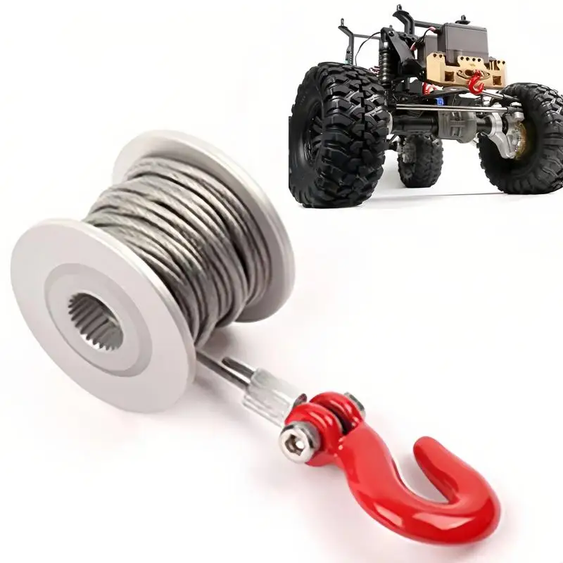 25T Steering Gear Servo Winch Spool Wheel Drum Steel Wires Trailer Hook For 1/10 RC Crawler Car Tool