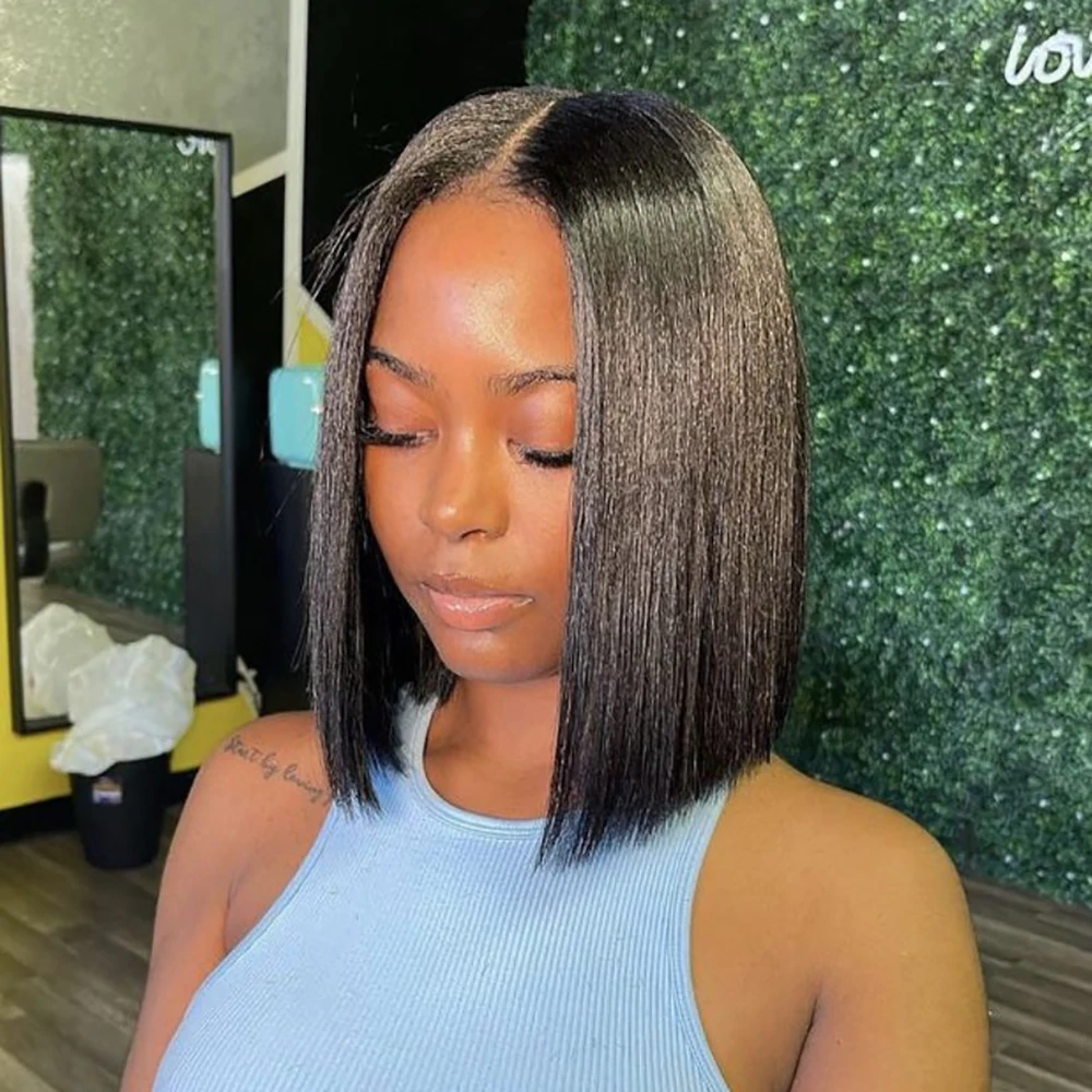 2 * 6 スモールエリアレースストレートショートボブ人毛ウィッグふわふわで自然なブラジル人毛ウィッグ黒人女性用既製品