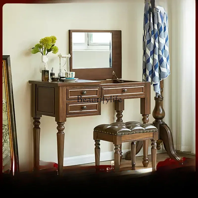 FGSimple American Country Walnut All Solid Wood Dresser Flip Makeup Mirror Bedroom Furniture