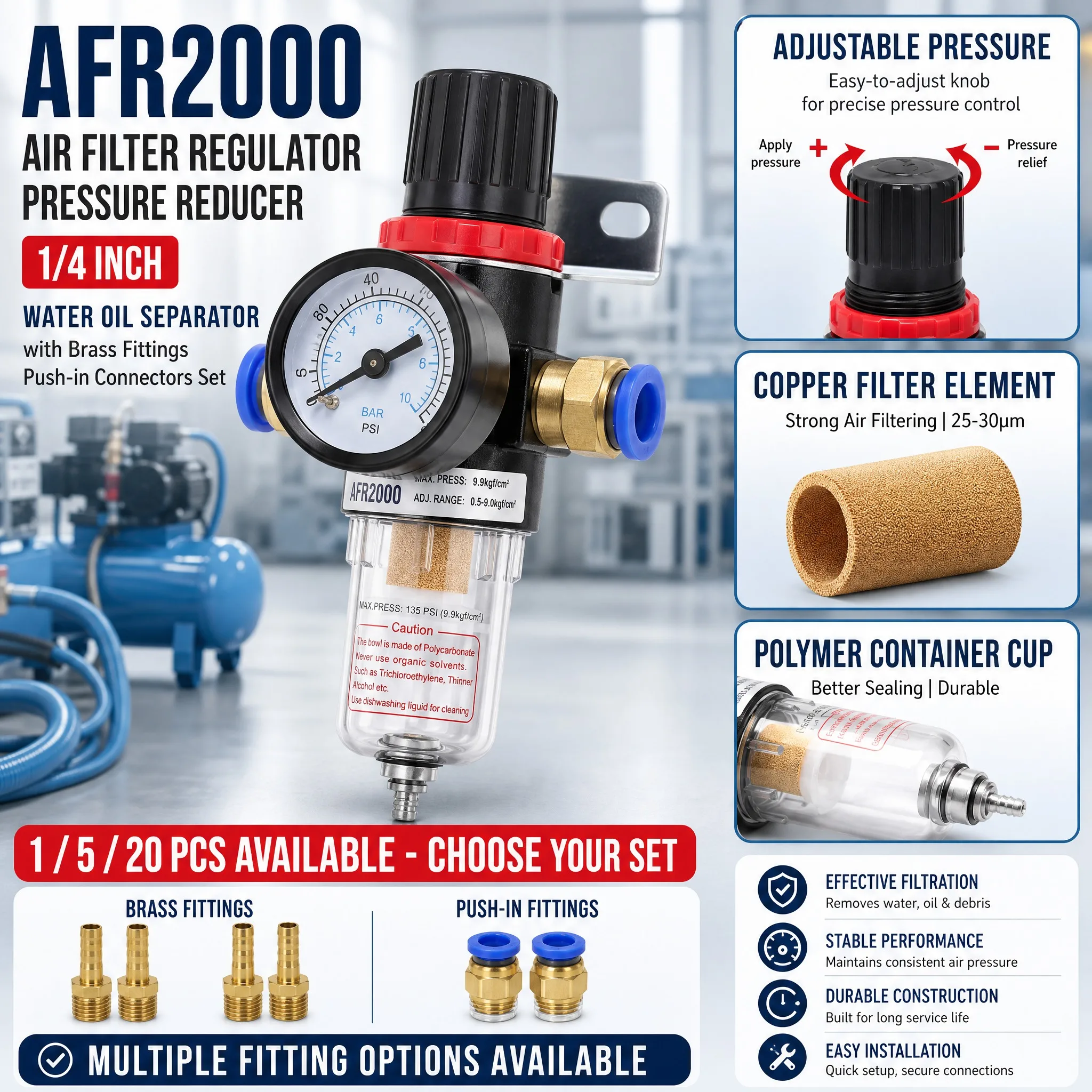 AFR2000 Air Filter Regulator Pressure Reducer 1/4 Inch Water Oil Separator 1/5/20PCS with Brass Fittings Push-in Connectors Set