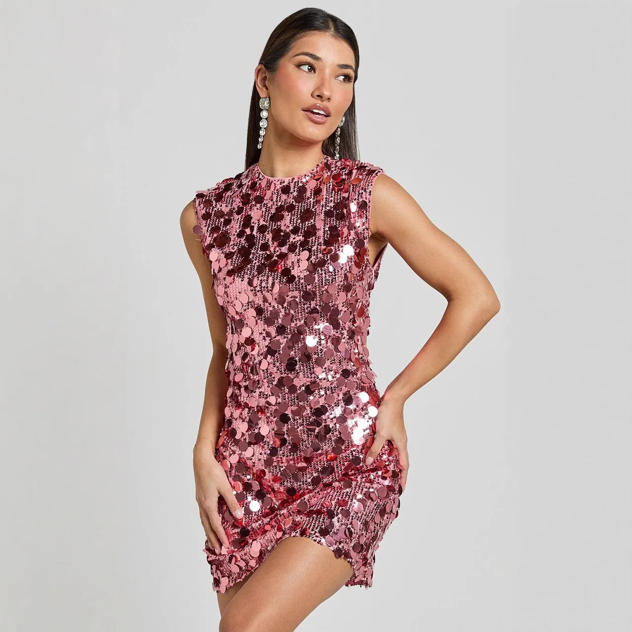 Sexy Dames Lovertjes Korte Jurk voor Kerstdag Ronde Hals Glanzende Mouwloze Jurk Party Night Club Lady Afslankende Mini-jurk