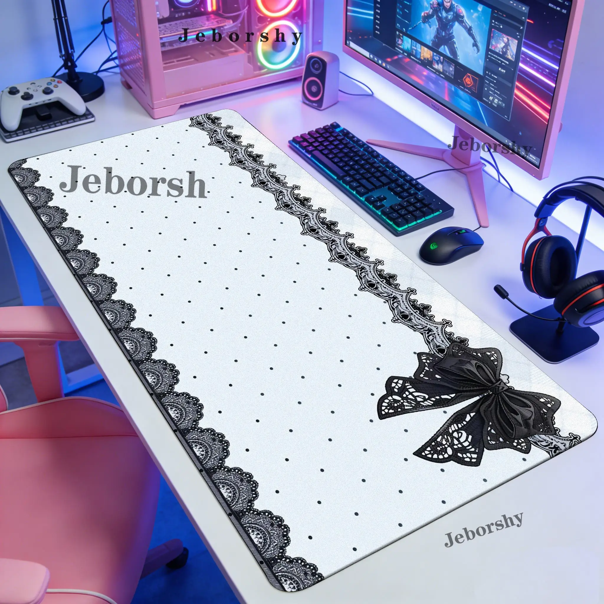 Pink Black Polka Dot Lace Large Gaming Mouse Pad XXL Extended Desk Mat Cute Trim Decor for Office