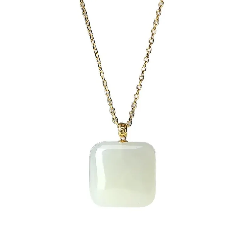 Square Sugar Ping An Wu Shi Brand Natural Hetian Jade Pendant Real Gold Buckle Girls Jade Necklace For Mom Gifts