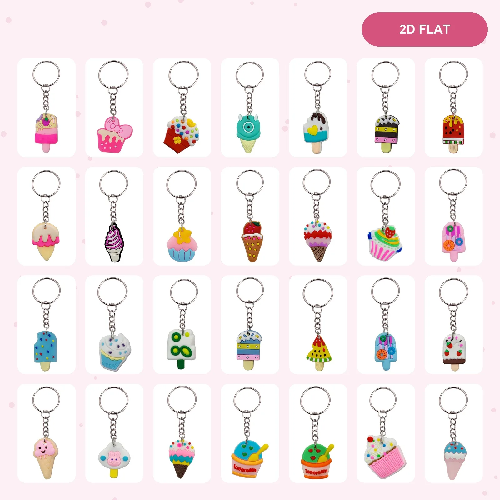 28 Pcs Ice Cream Keychain Set, 2D Flat Soft PVC Cute Dessert Charms, Party Favors for Kids and Students, All Styles Shown Are
