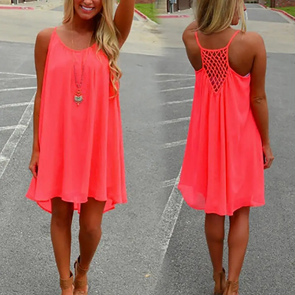 Sexy Women\'s Summer Casual Sleeveless Strap Backless Beach Dress for Evening Party Vacation Dress Backless Lady Beach Dress