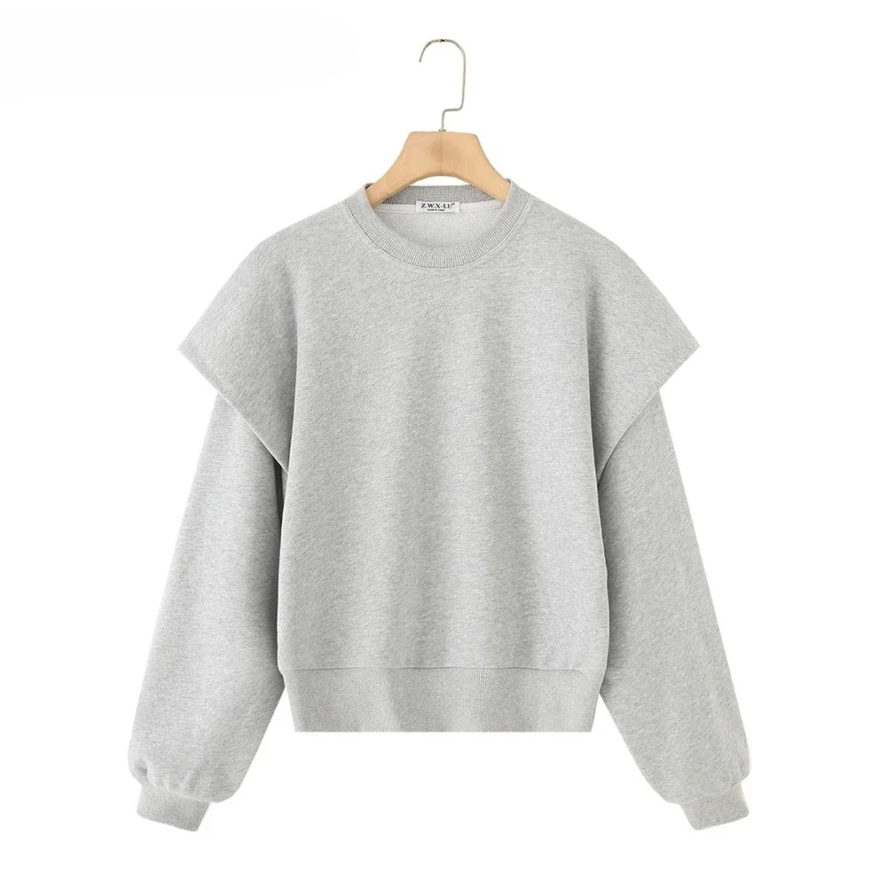 

2025 new women's Autumn clothing design sense versatile fashion pleated cotton blend round neck long sleeved sweatshirt