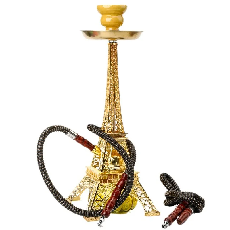 Fashionable Arab Paris Eiffel Tower Hookah Shisha Dual Horse Smoke Pipe Tobacco Cigarette Smoke Water Pipe Filter Chicha Kit Set