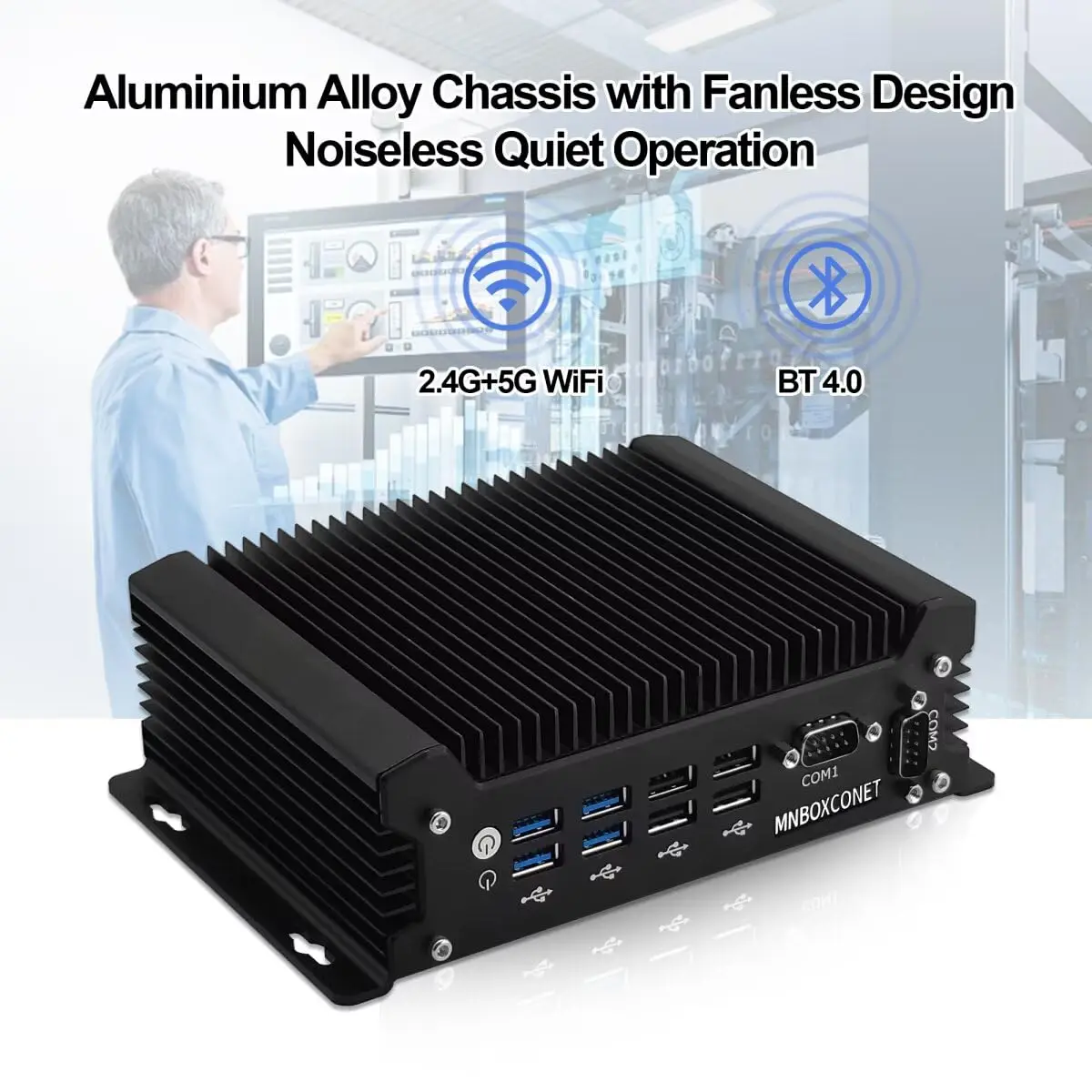 MNBOXCONET Fanless Mini PC Industrial Core i3 8130U, Micro Computador 16GB RAM 512GB SSD, 2X RS232 COM, RJ45 LAN, Wifi5/BT4.2,
