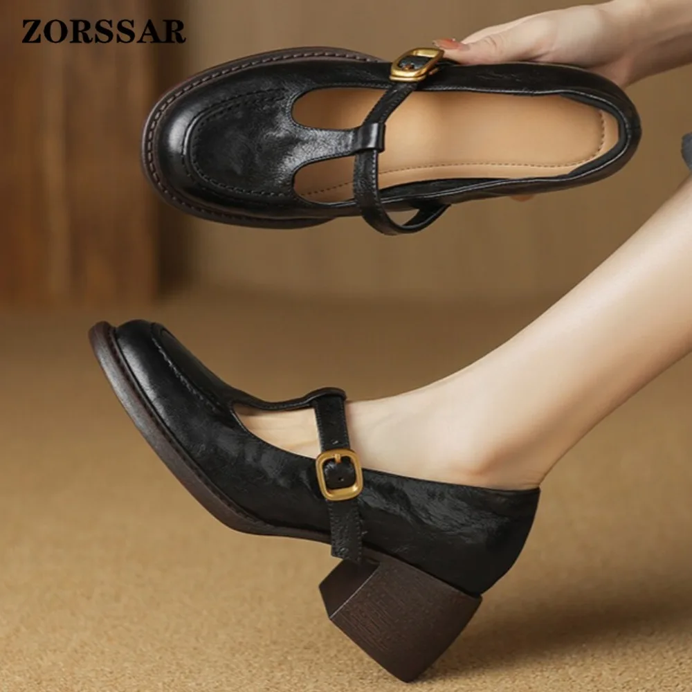 Women's Vintage T-Strap Mary Jane Pumps Square Toe Chunky Heels Gold Buckle Strap Elegant Office Party Daily Wear Dress Shoes