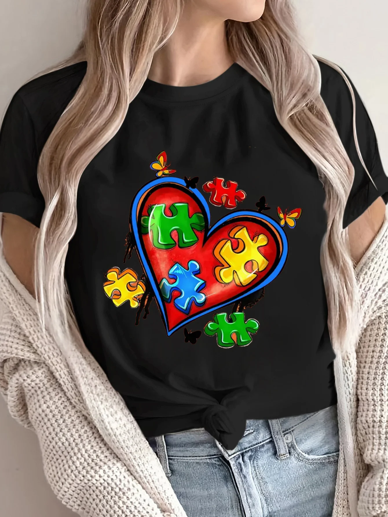 

Women's Puzzle Heart Print T-Shirt Round Neck Short Sleeve Cotton Tees Retro Hip Hop Y2k T-shirt Summer Tops Women Clothing