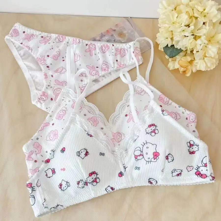 Sanrio Hello Kitty Women\'s Bra Set Underwear Set Adjustable Shoulder Strap Seamless Bralette Female Lingerie Soft Tank Crop Top