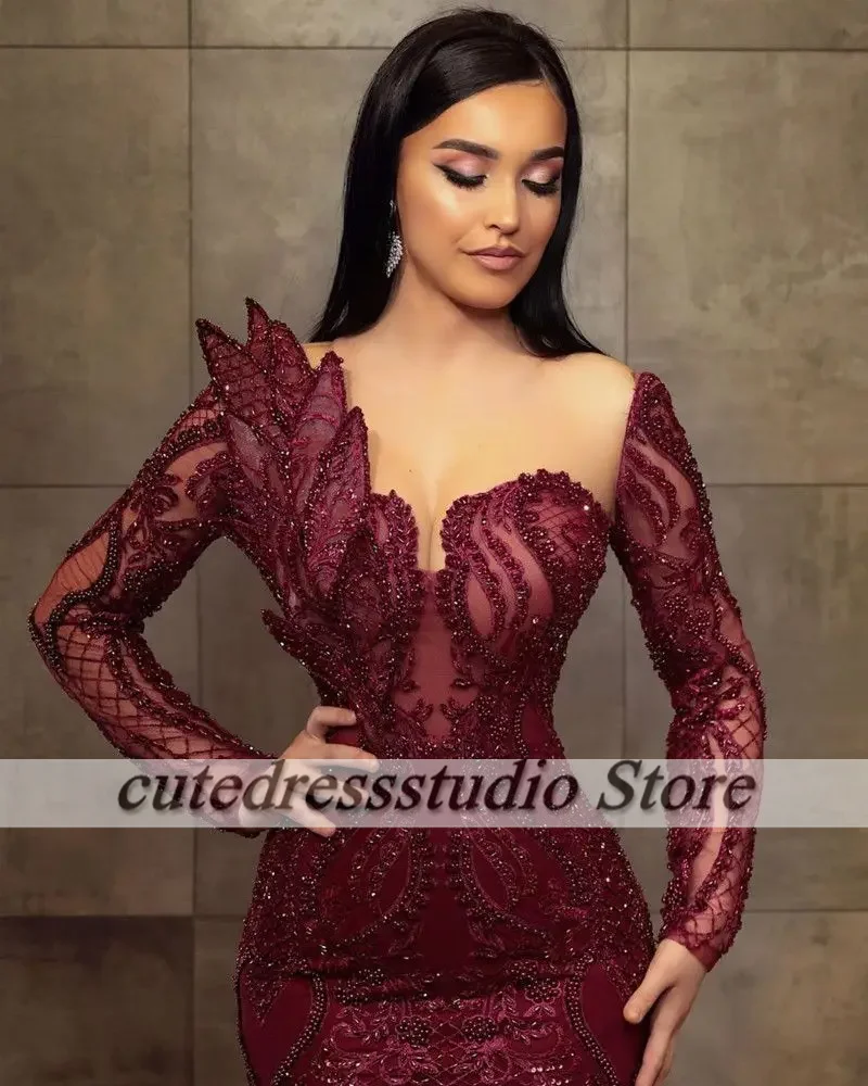 Formal Burgundy Party Dresses Luxury Dubai Beading Mermaid Wedding Evening Gowns Long Sleeves Vestidos De Gala 2024