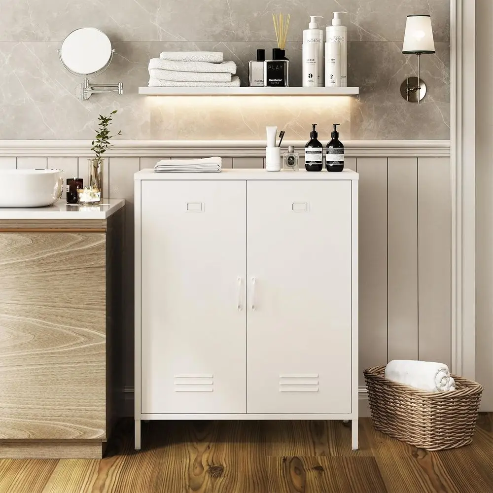 White Steel 2-Door Metal Storage Cabinet Buffet Table for Home/Office, H 35.43