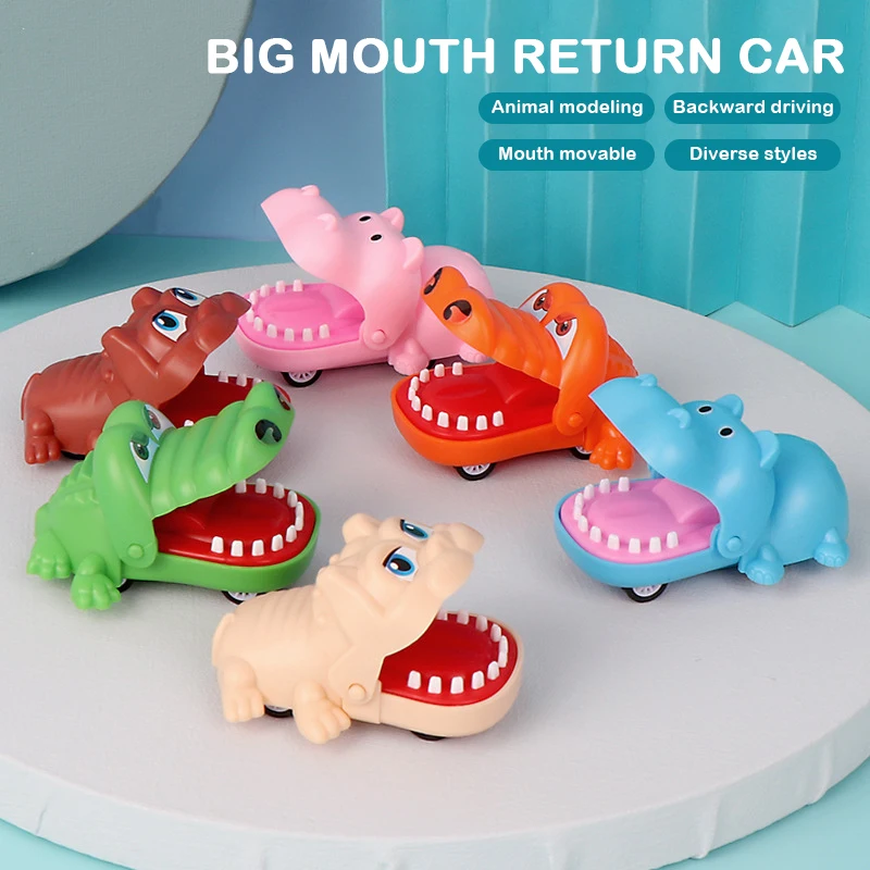 Mordendo mão crocodilo boca pull-back carro brinquedo dos desenhos animados hipopótamo filhote de cachorro animal puxar para trás brinquedo imprensa carro dentes mordida dedos brinquedo complicado